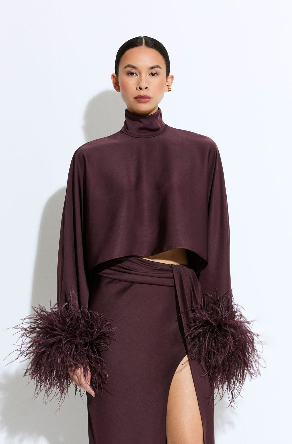 Lightweight Satin Caftan Top With Feathers - LAPOINTE