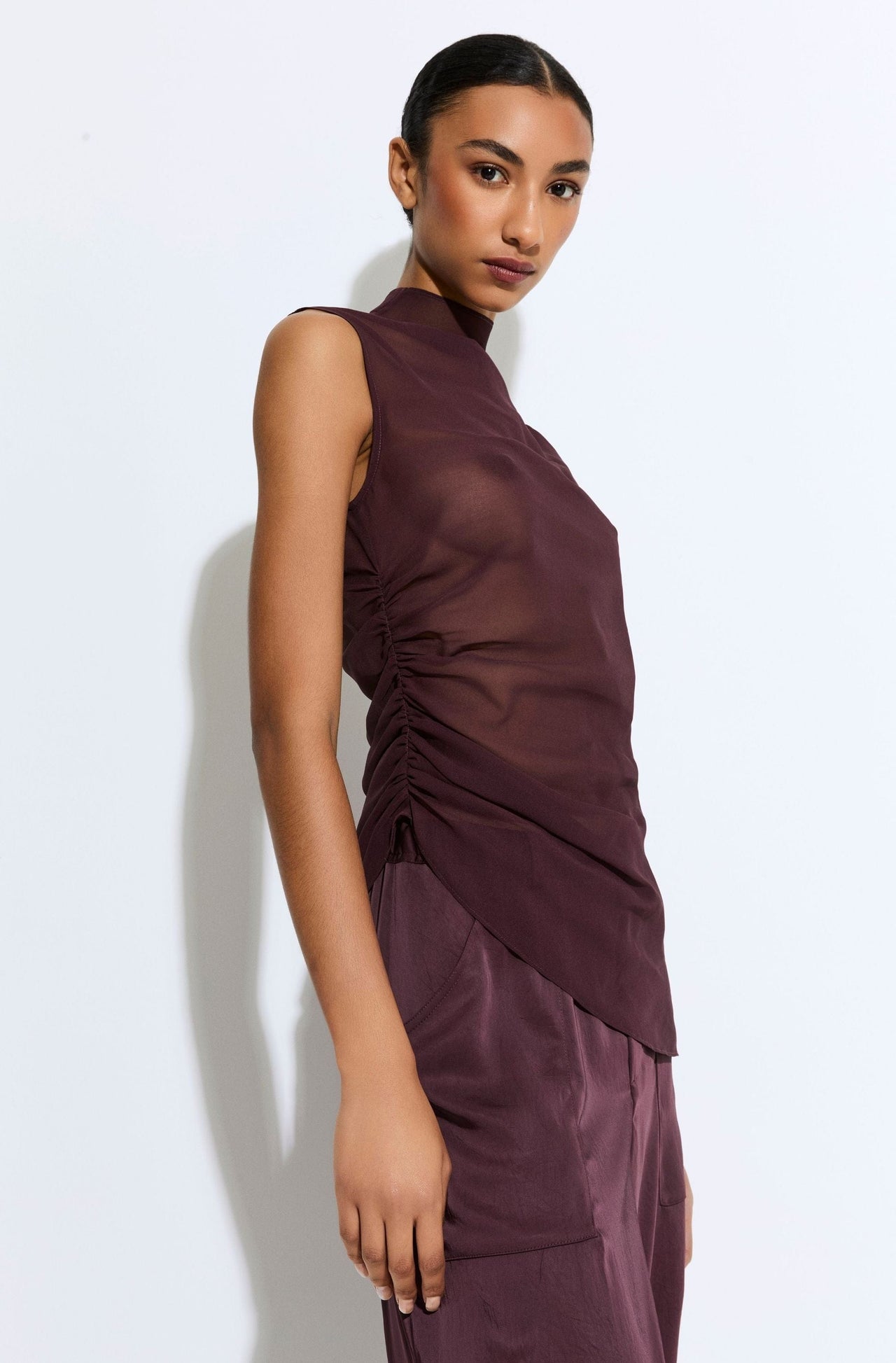 Lightweight Georgette Mock Neck Ruched Top - LAPOINTE