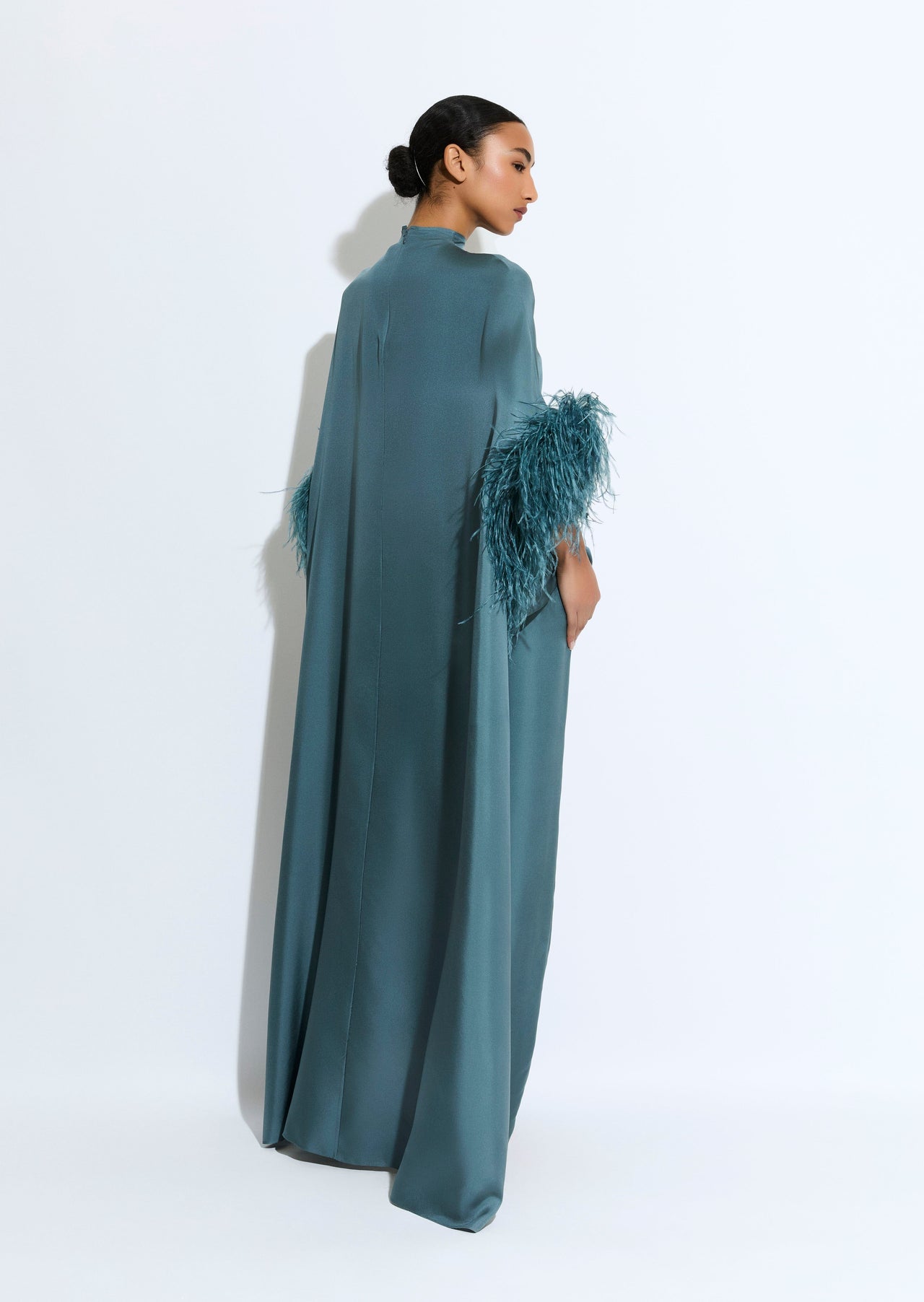Silky Twill High Low Mock Neck Top With Feathers - LAPOINTE